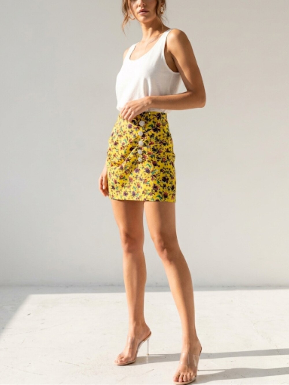 ZARA Yellow Floral Ruched Mini Skirt Crystal Button Drape Retro 80s Summer Sz XS
